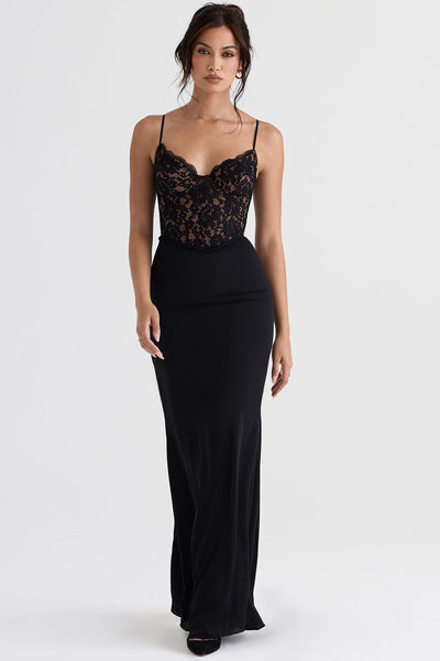 Sophie | Schwarzes Korsett-Maxi-Kleid