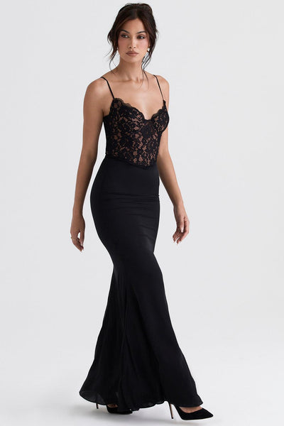 Sophie | Schwarzes Korsett-Maxi-Kleid